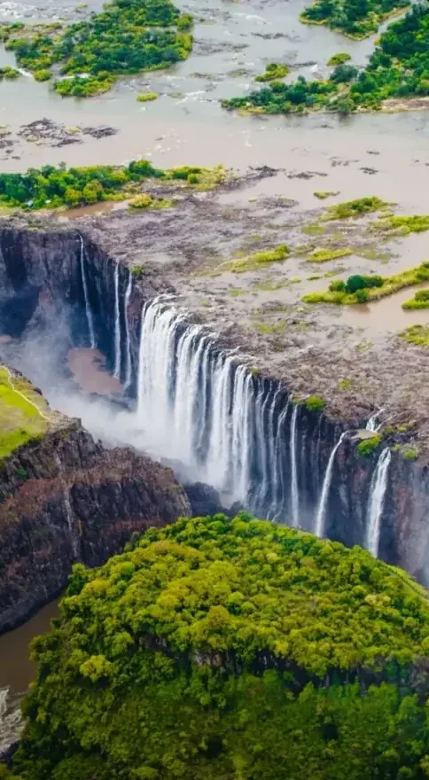 Victoria Falls from the air with the bridge across the gorge, Zimbabwe