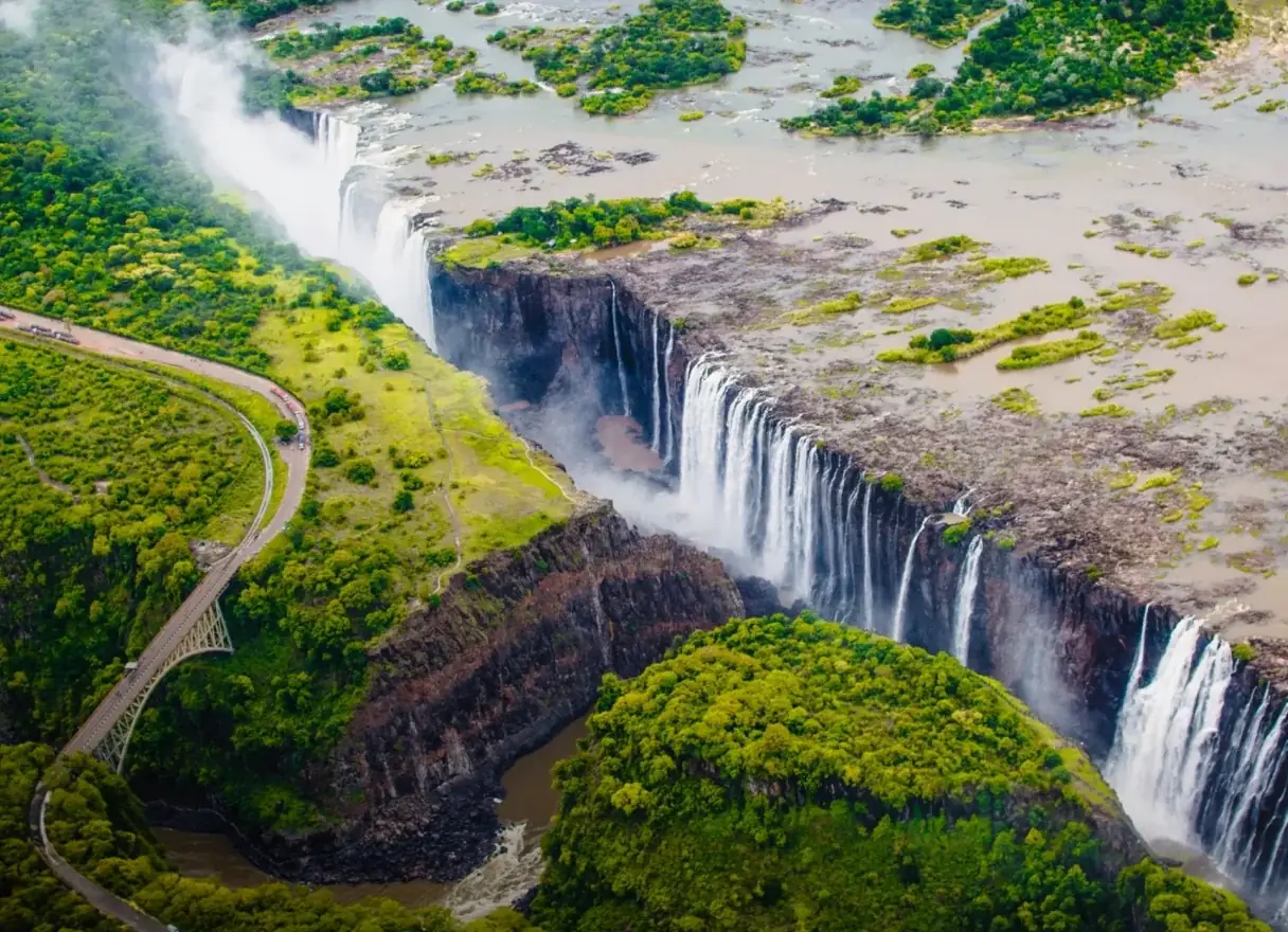 Victoria Falls from the air with the bridge across the gorge, Zimbabwe
