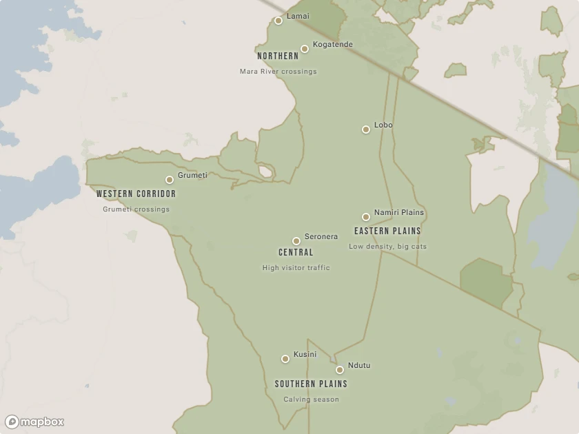 Map of the Serengeti showing five distinct regions: Central, Northern, Southern Plains, Eastern Plains, and Western Corridor