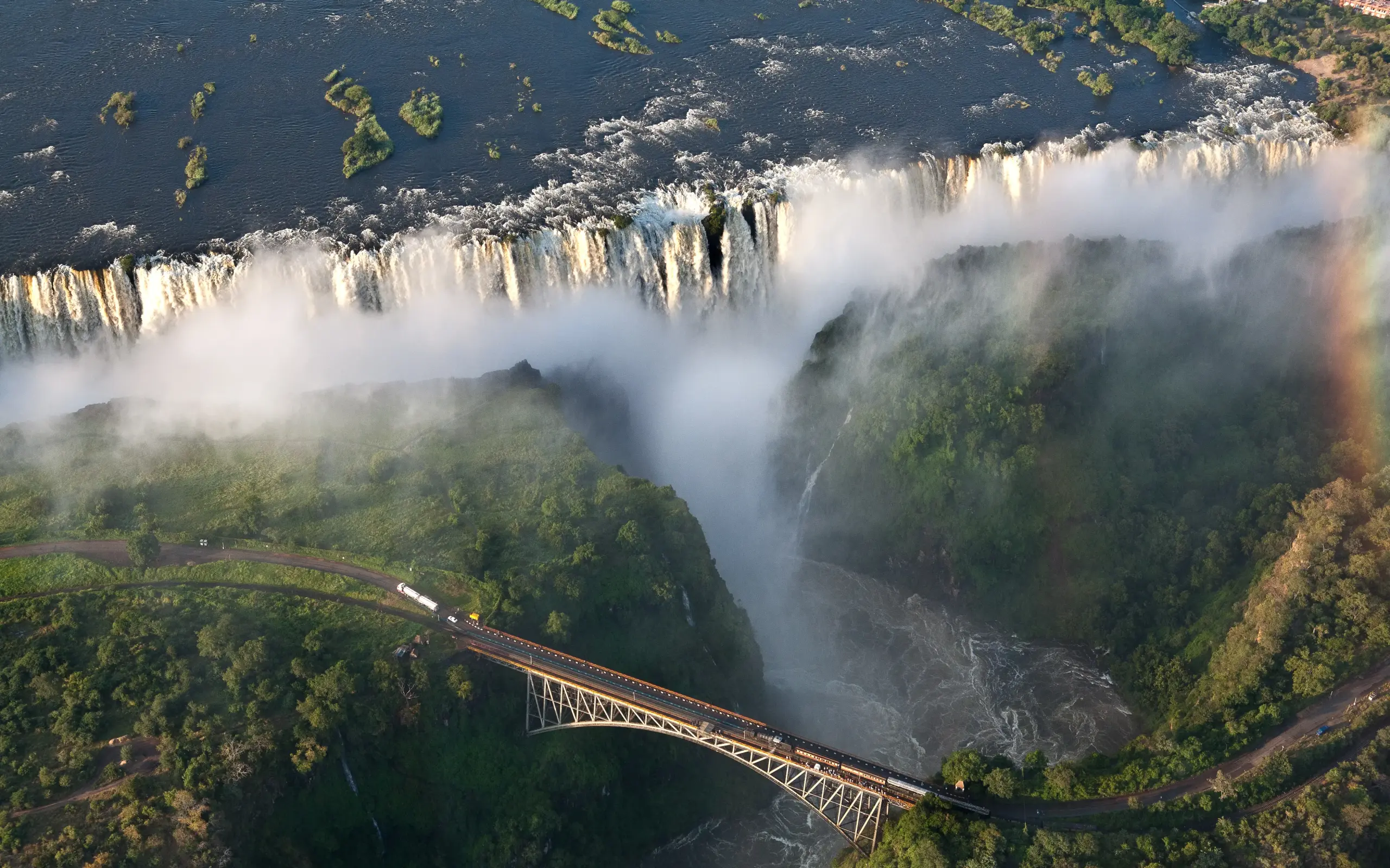 Victoria Falls aerial view with bridge spanning gorge
