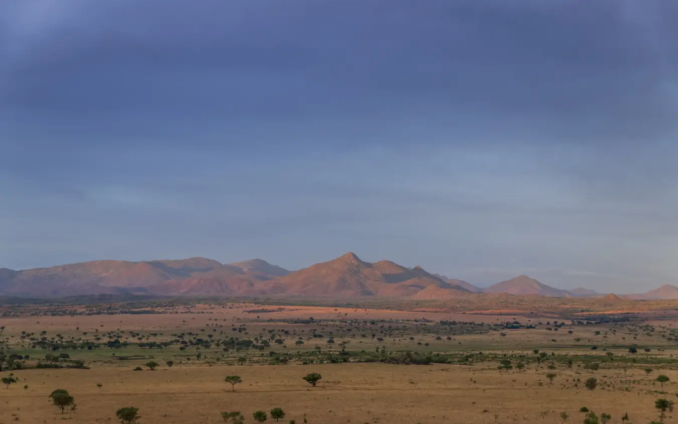 Expansive savanna plains with distant volcanic mountains, Apoka Safari Lodge, Kidepo Valley, Uganda