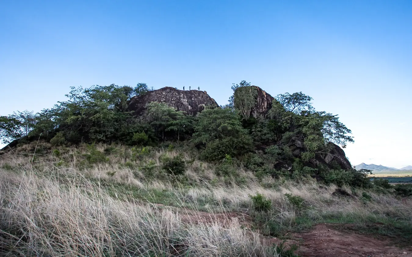 Rocky outcrop with scattered acacia trees and savanna grassland, Apoka Safari Lodge, Kidepo Valley, Uganda