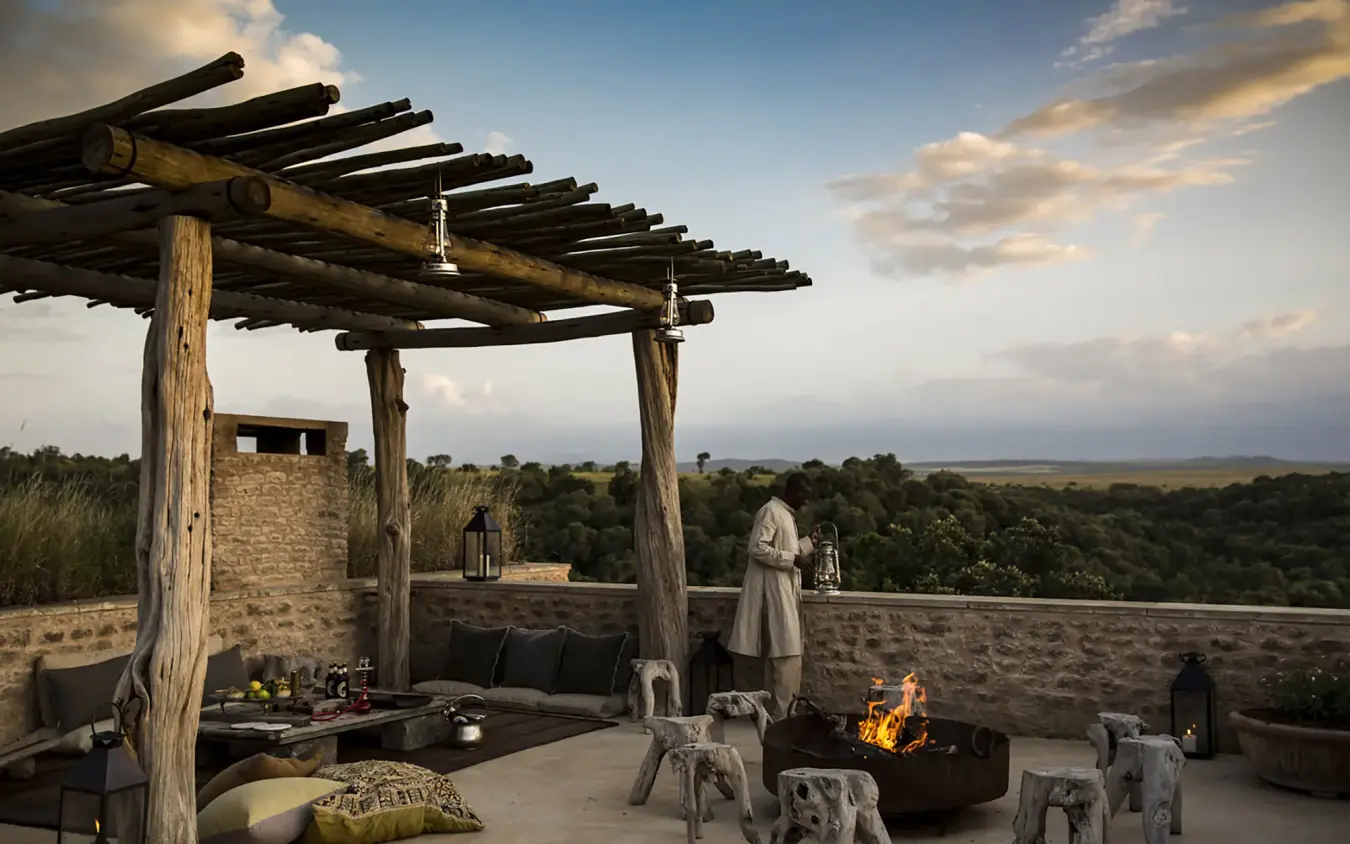 Elevated terrace with fire pit overlooking savanna landscape, Arijiju, Laikipia Highlands, Kenya