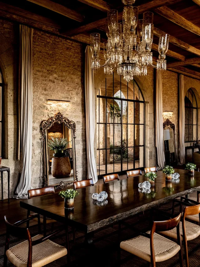 Elegant dining room with exposed brick and crystal chandeliers, Arijiju, Laikipia Highlands, Kenya