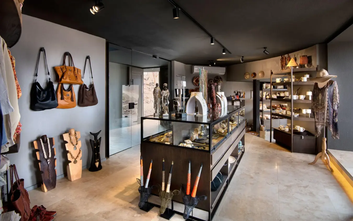 Upscale retail shop interior with jewelry and accessories, Sossusvlei Desert Lodge, NamibRand Private Reserve, Namibia