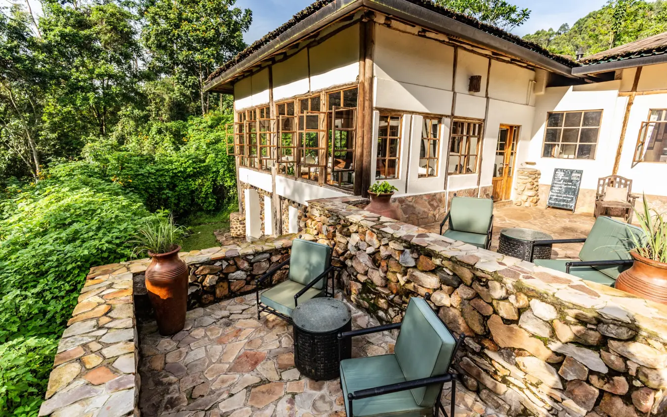 Stone patio with seating area overlooking lush forest, Bwindi Lodge, Bwindi Impenetrable Forest, Uganda