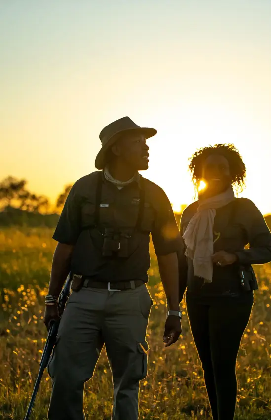 Guides walking through golden grassland at sunset, DumaTau, Linyanti Wildlife Reserve, Botswana
