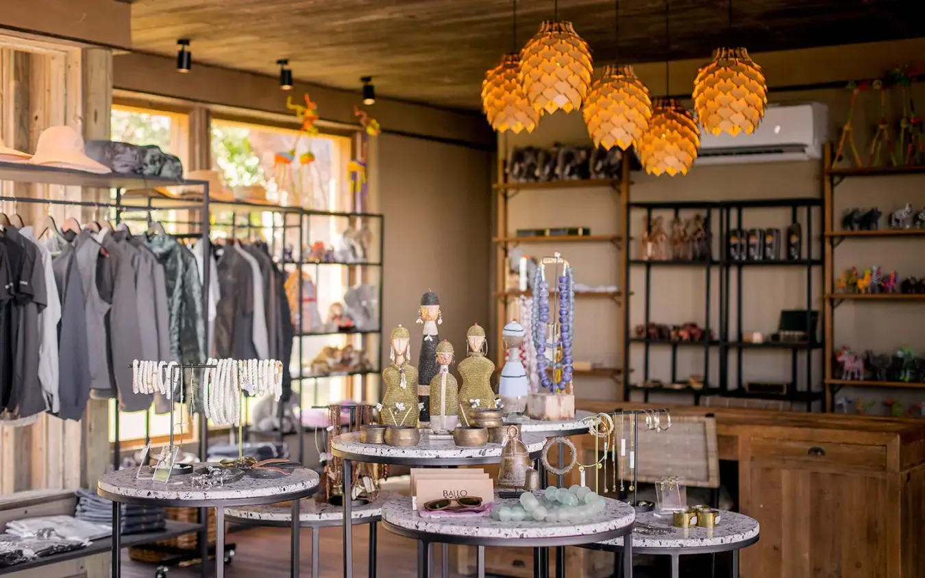 Luxury boutique shop interior with clothing and jewelry displays, DumaTau, Linyanti Wildlife Reserve, Botswana
