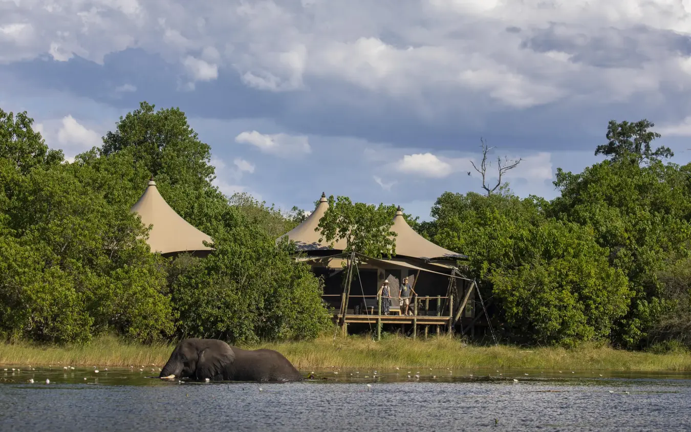 Waterfront safari lodge with canvas tents and elephant bathing, DumaTau, Linyanti Wildlife Reserve, Botswana