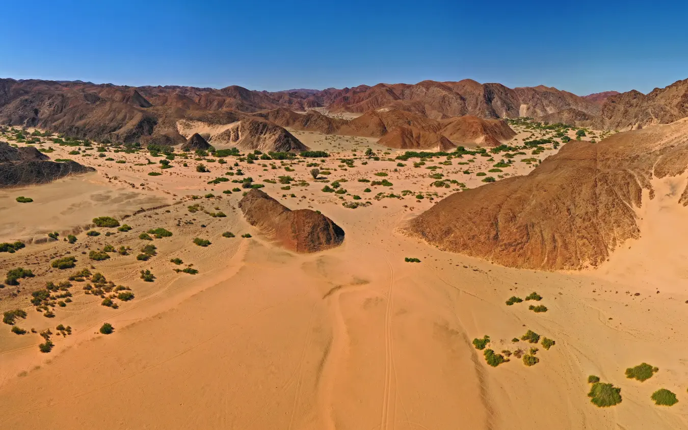 Aerial view of desert landscape with sparse vegetation and mountains, Hoanib Valley Camp, Damaraland, Namibia