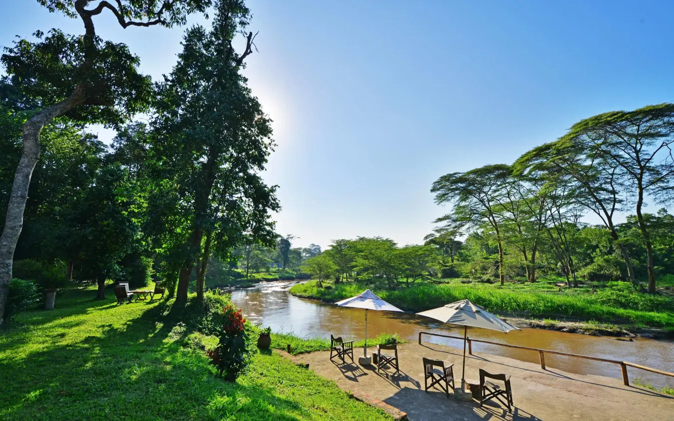 Riverside seating area overlooking river and tree-lined banks, Ishasha Wilderness Camp, Queen Elizabeth NP, Uganda