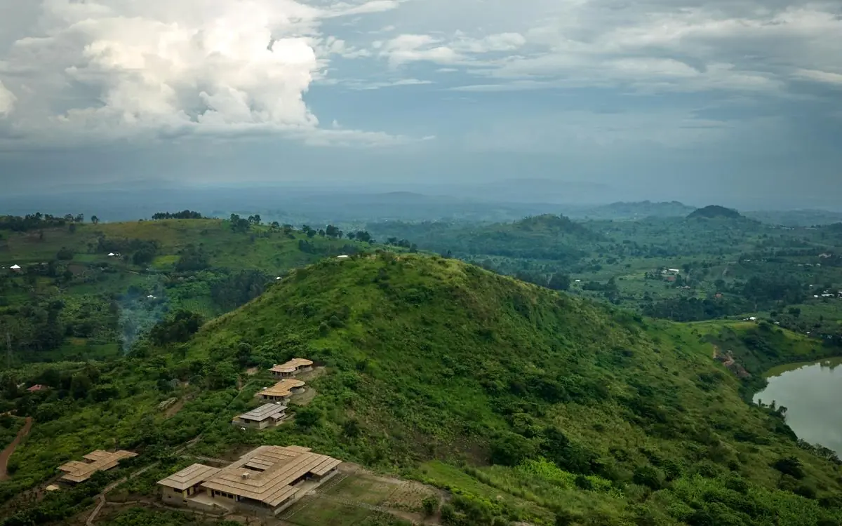 Aerial view of lush green hills and valley landscape, Kibale Lodge, Kibale Forest, Uganda
