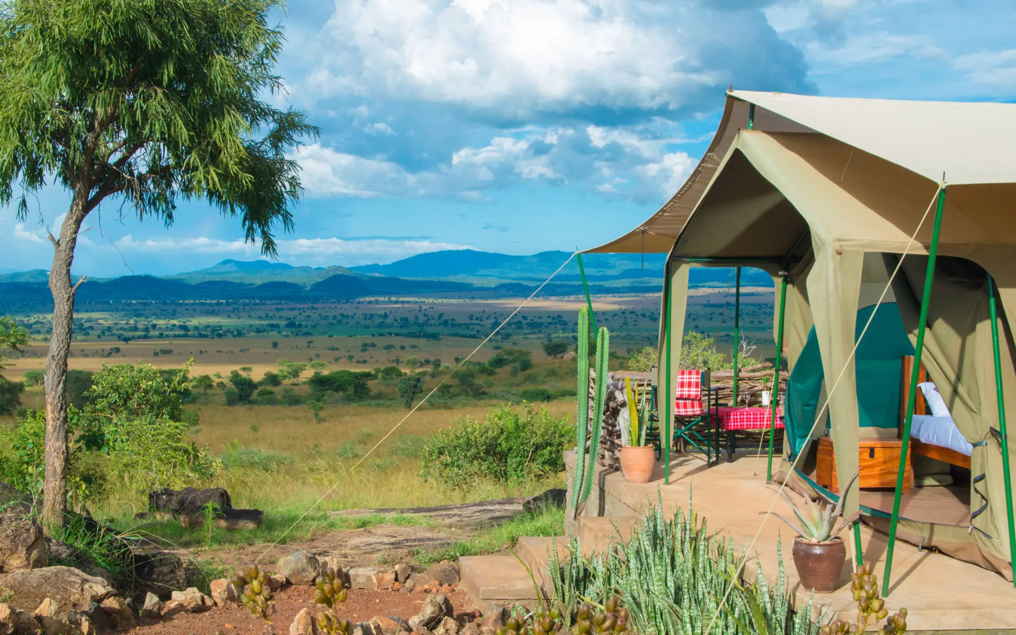 Canvas safari tent overlooking expansive savannah valley landscape, Kidepo Savannah Lodge, Kidepo Valley, Uganda