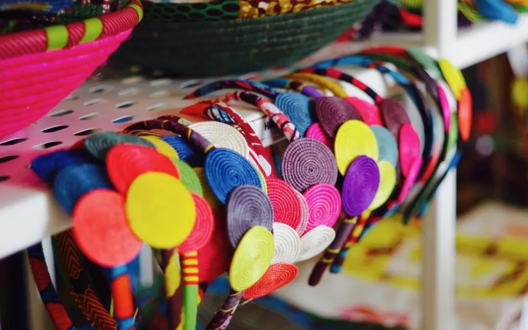 Colorful woven baskets and crafts on display shelf, Kigali Serena Hotel, Kigali, Rwanda