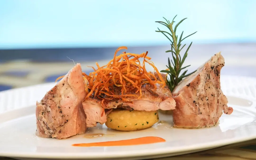 Plated duck dish with potato and crispy garnish, Kigali Serena Hotel, Kigali, Rwanda