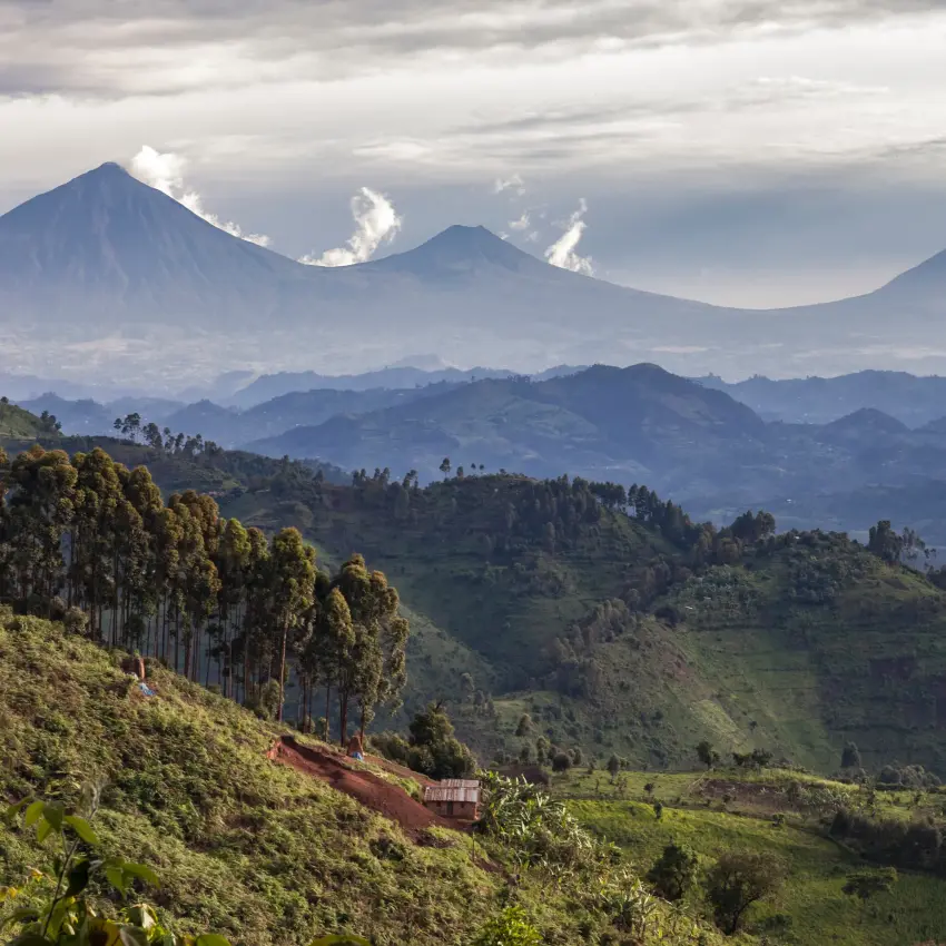 Volcanic peaks rising above forested valleys and terraced farmland