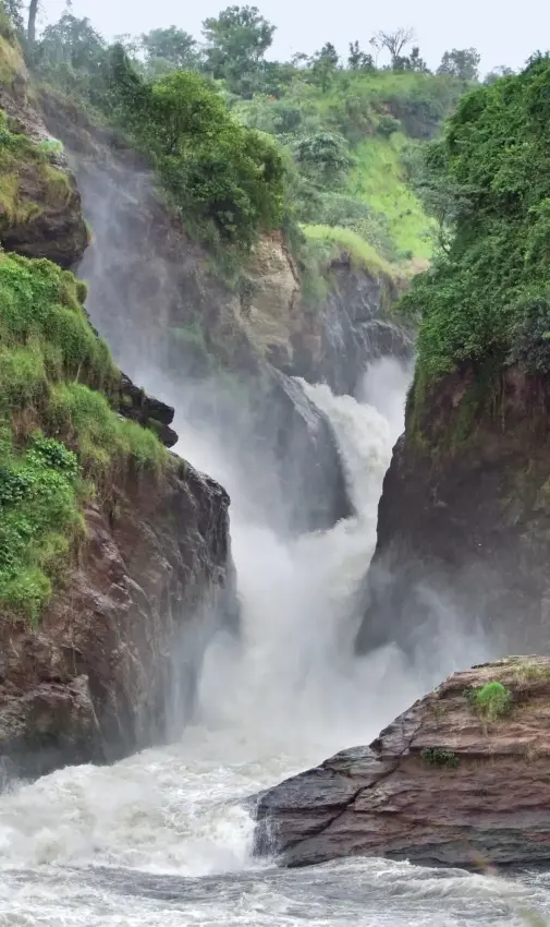 Powerful waterfall cascading through lush green canyon