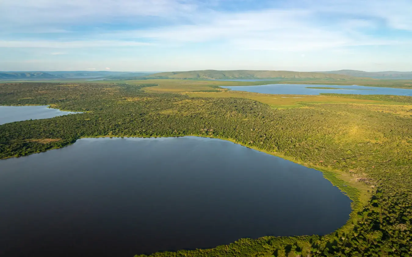 Aerial view of lakes surrounded by forest and grassland, Magashi Camp, Akagera National Park, Rwanda