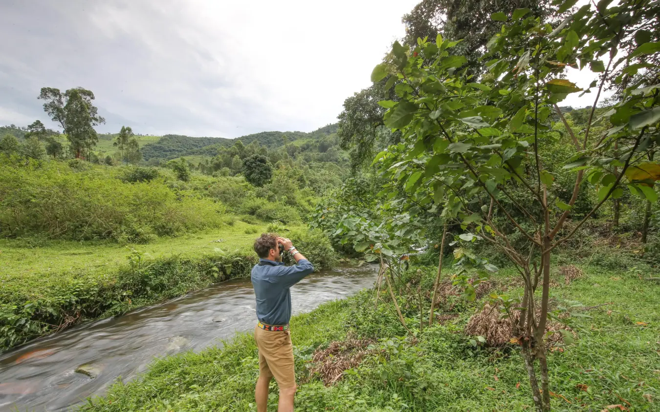 Guest birdwatching by riverside in lush valley, Mahogany Springs, Bwindi Impenetrable Forest, Uganda