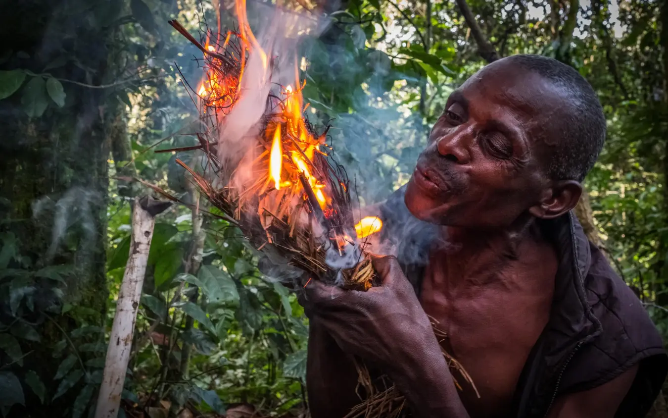 Man tending to campfire in dense forest vegetation, Mahogany Springs, Bwindi Impenetrable Forest, Uganda