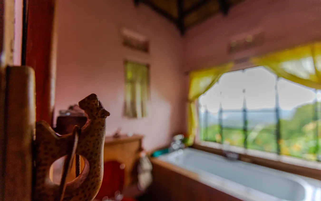 Rustic bathroom interior with valley view through large windows, Ndali Lodge, Kibale Forest, Uganda