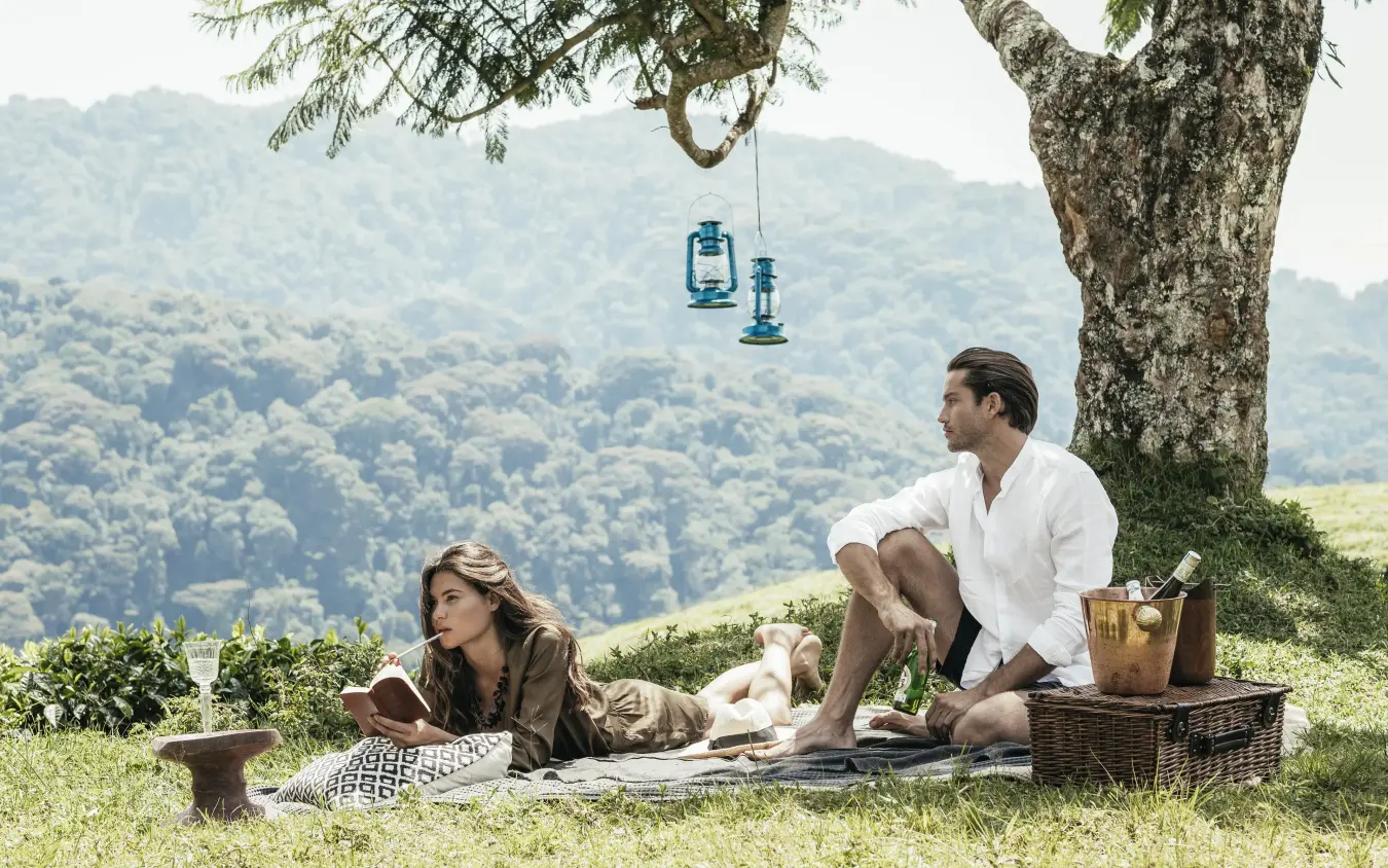 Couple enjoying picnic lunch beneath large tree overlooking forested valley, Nyungwe House, Nyungwe Forest, Rwanda