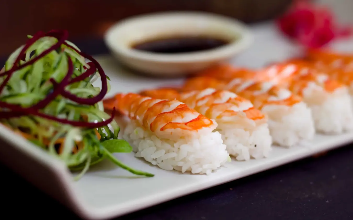 Plated sushi with shrimp, rice, and vegetable garnish, Peponi Hotel, Lamu Archipelago, Kenya