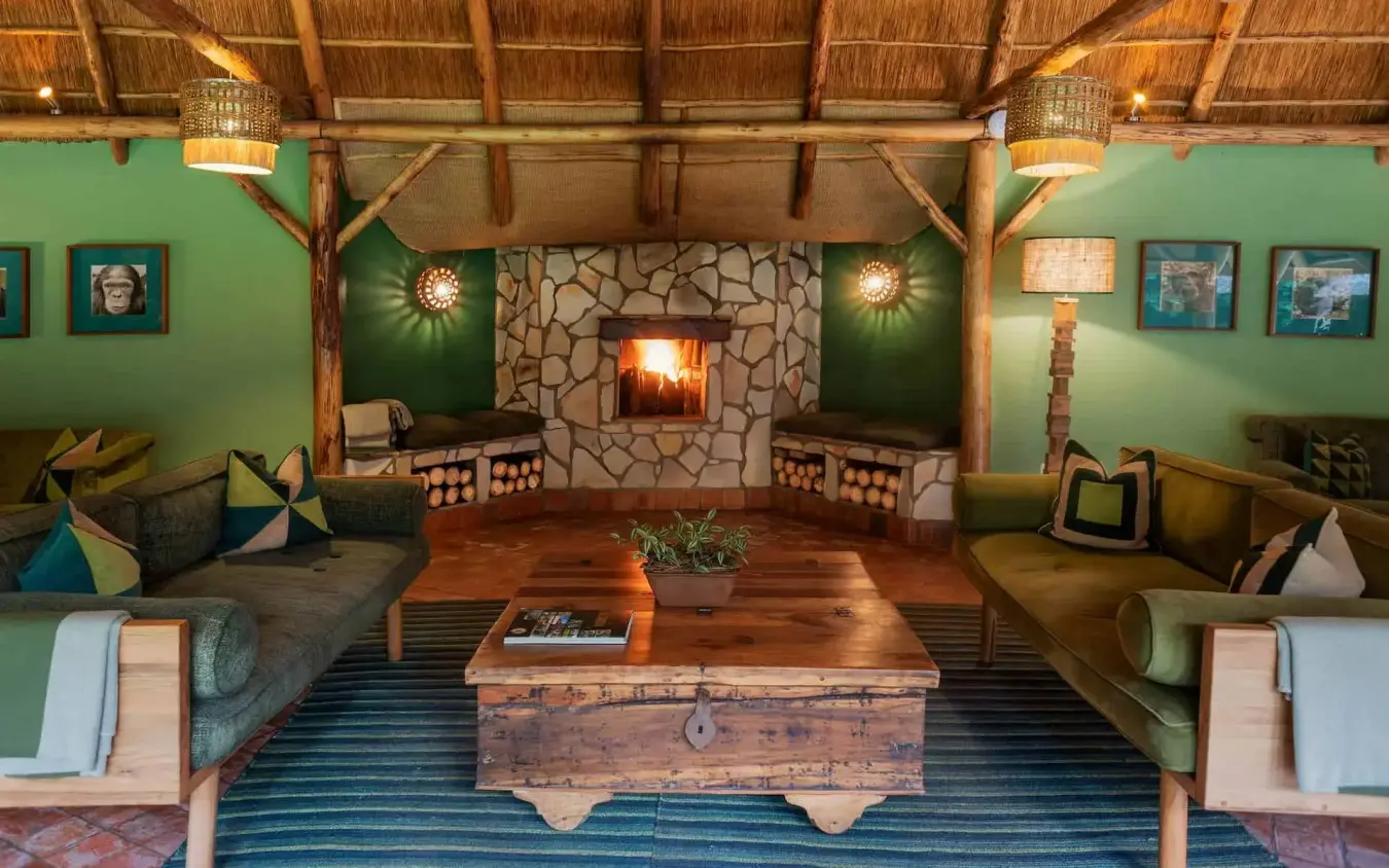 Open-plan lodge lounge with fireplace and green walls, Primate Lodge, Kibale Forest, Uganda