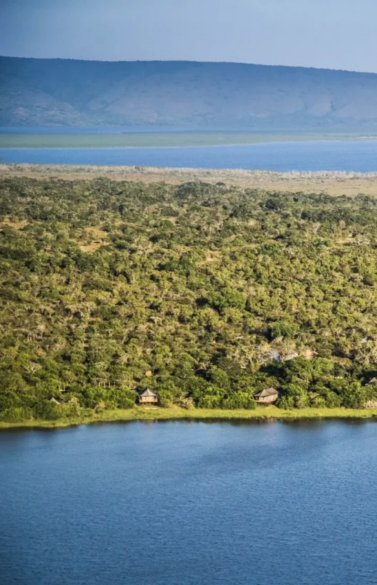 Aerial view of lake with forested shoreline and distant mountains, Ruzizi Tented Lodge, Akagera National Park, Rwanda
