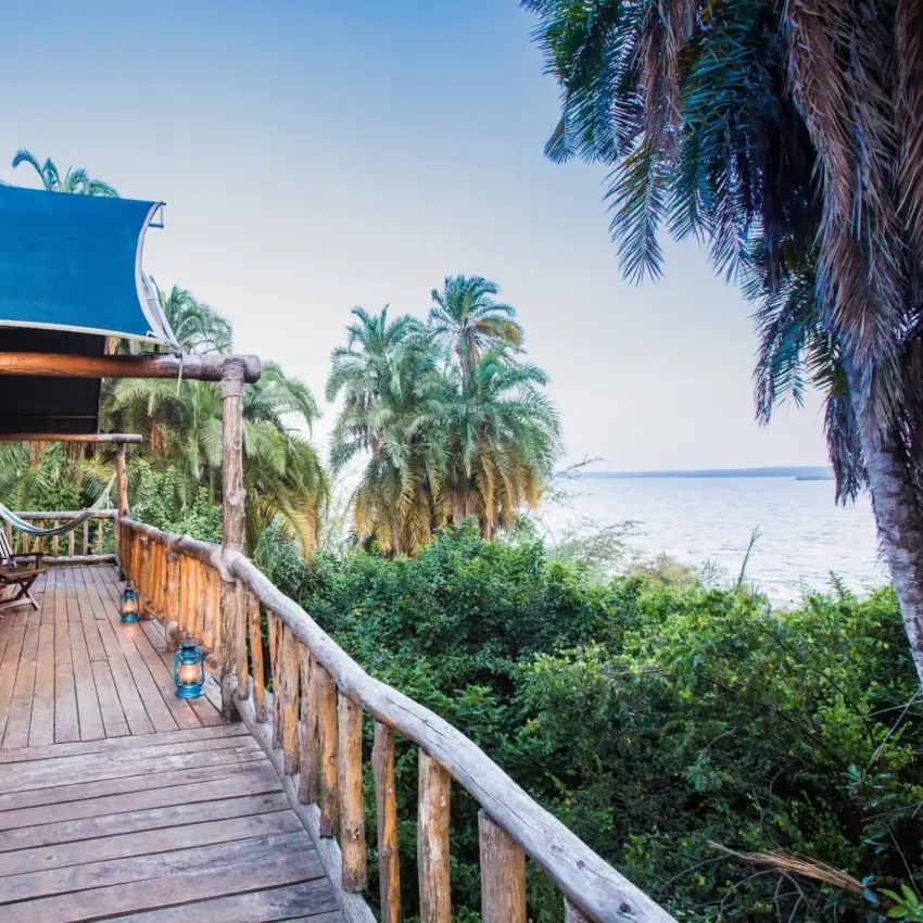 Wooden deck overlooking calm water with palm trees, Ruzizi Tented Lodge, Akagera National Park, Rwanda