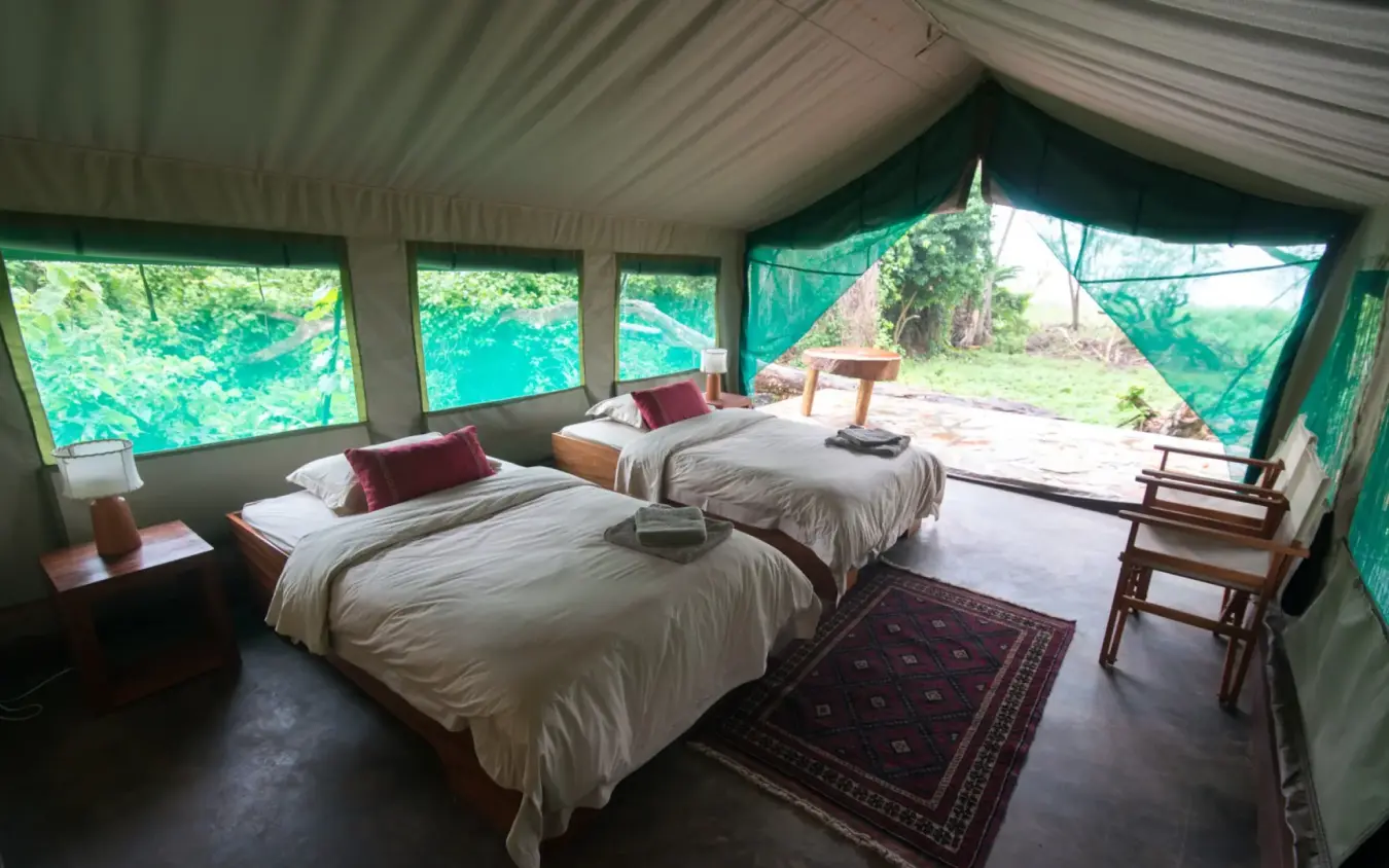 Twin beds in canvas tent with forest views, Ruzizi Tented Lodge, Akagera National Park, Rwanda