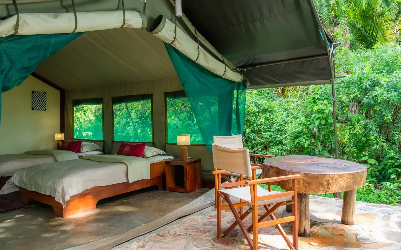 Glamping tent interior with beds overlooking lush forest, Ruzizi Tented Lodge, Akagera National Park, Rwanda
