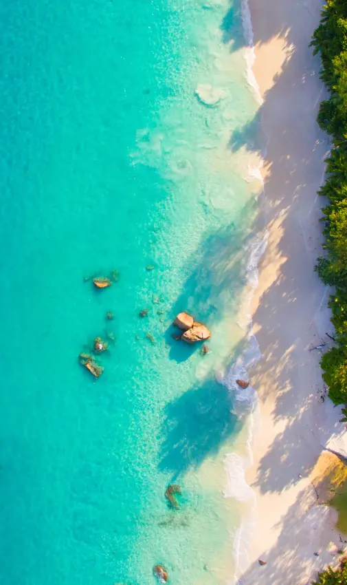 Turquoise water beach with boats and tropical vegetation