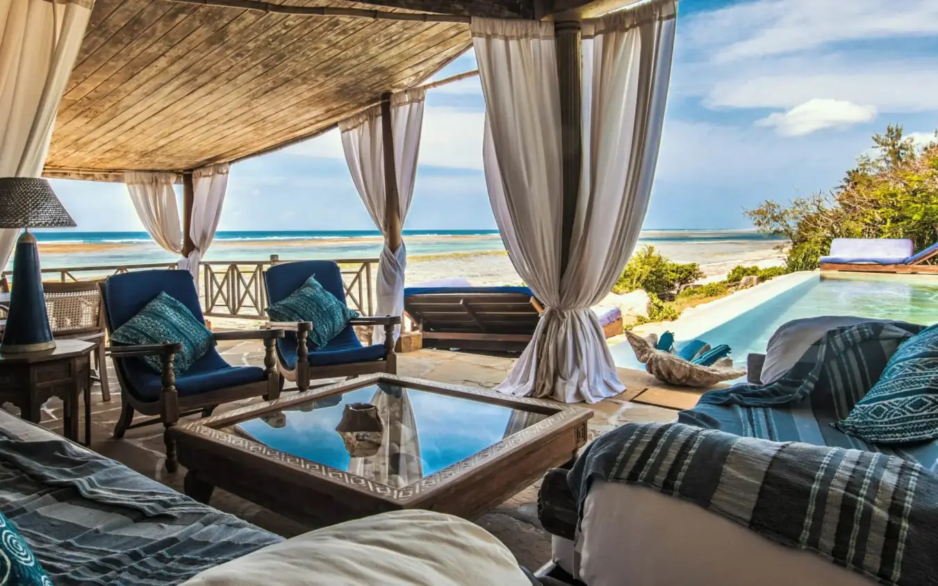 Beachfront pavilion with ocean views and infinity pool, Alfajiri Cliff Villa, Diani Beach, Kenya