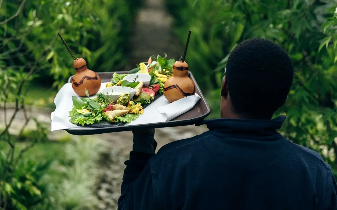 Server carrying plated dish with fresh vegetables in garden setting, Amakoro Songa Lodge, Volcanoes National Park, Rwanda