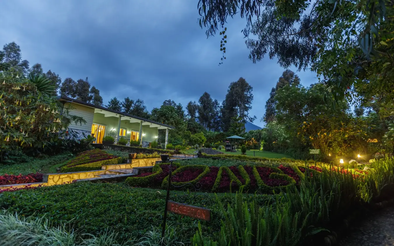 Modern lodge building illuminated at dusk surrounded by gardens, Amakoro Songa Lodge, Volcanoes National Park, Rwanda