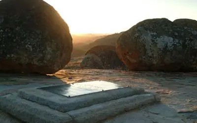 Stone platform and boulders at sunset in landscape, Amalinda Lodge, Matobo, Zimbabwe