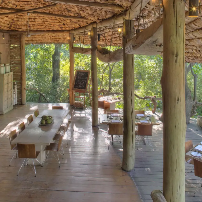 Open-air dining pavilion overlooking natural landscape and trees, Lake Manyara Tree Lodge, Lake Manyara, Tanzania