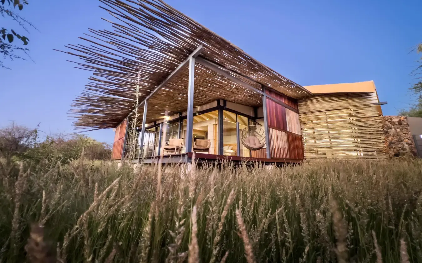 Modern safari lodge with thatched roof in grassland setting, Anderssons at Ongava, Etosha National Park, Namibia