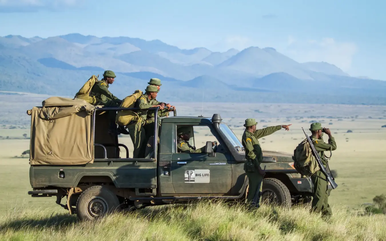 Safari guides pointing out wildlife from open-sided vehicle in grassland, Angama Amboseli, Amboseli and Chyulu Hills, Kenya