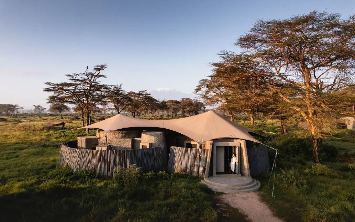 Luxury safari tent with wooden palisade fence in acacia woodland landscape, Angama Amboseli, Amboseli and Chyulu Hills, Kenya