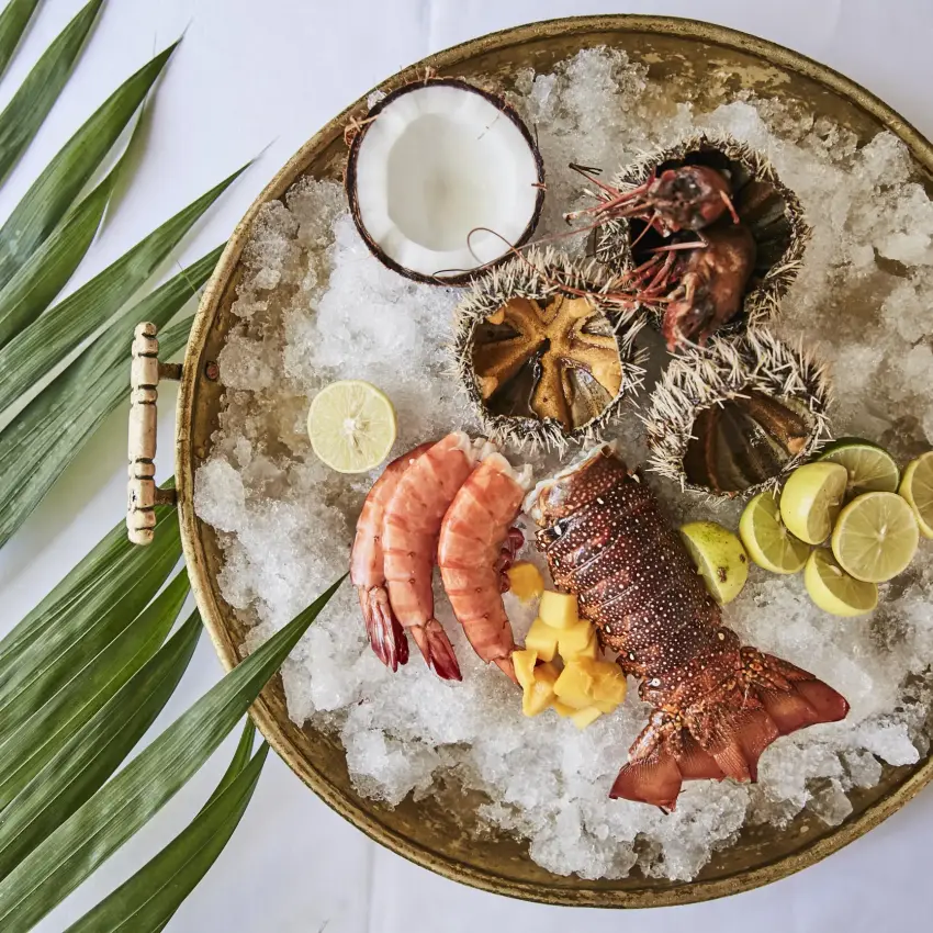 Seafood platter with fish, shrimp, and garnishes on ice, Baraza Resort and Spa, Zanzibar & Pemba, Tanzania
