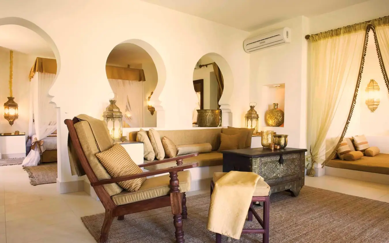 Luxury lounge with Moroccan arches and earth-tone furnishings, Baraza Resort and Spa, Zanzibar & Pemba, Tanzania