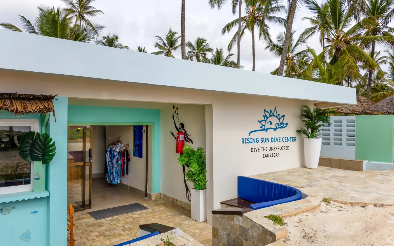Beach dive center with turquoise entrance and palm trees, Breezes Beach Club & Spa, Zanzibar & Pemba, Tanzania