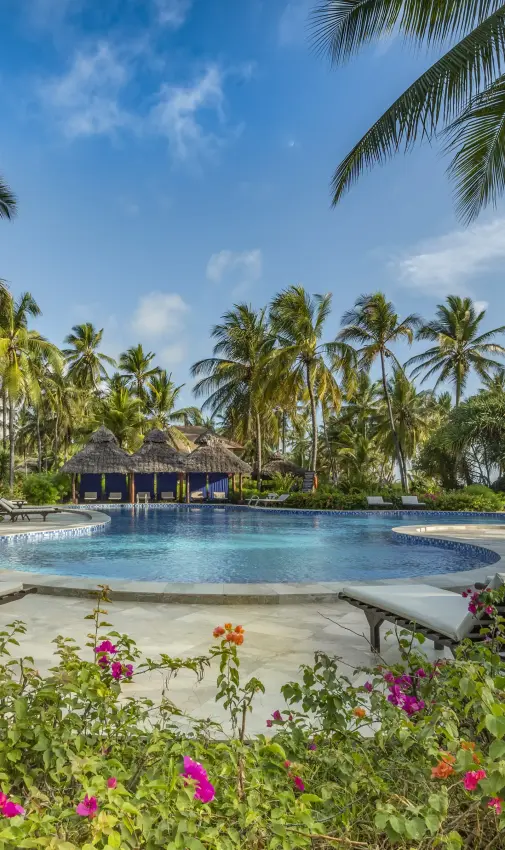 Tropical resort pool with palm trees and flowering gardens at midday, Breezes Beach Club & Spa, Zanzibar & Pemba, Tanzania