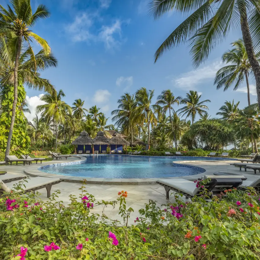 Tropical resort pool with palm trees and flowering gardens at midday, Breezes Beach Club & Spa, Zanzibar & Pemba, Tanzania
