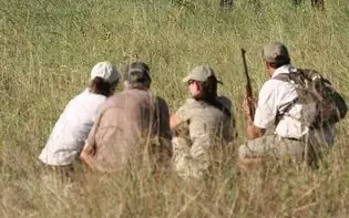 Guides and guests on foot safari through tall grassland, Camp Chitubu, Hwange National Park, Zimbabwe