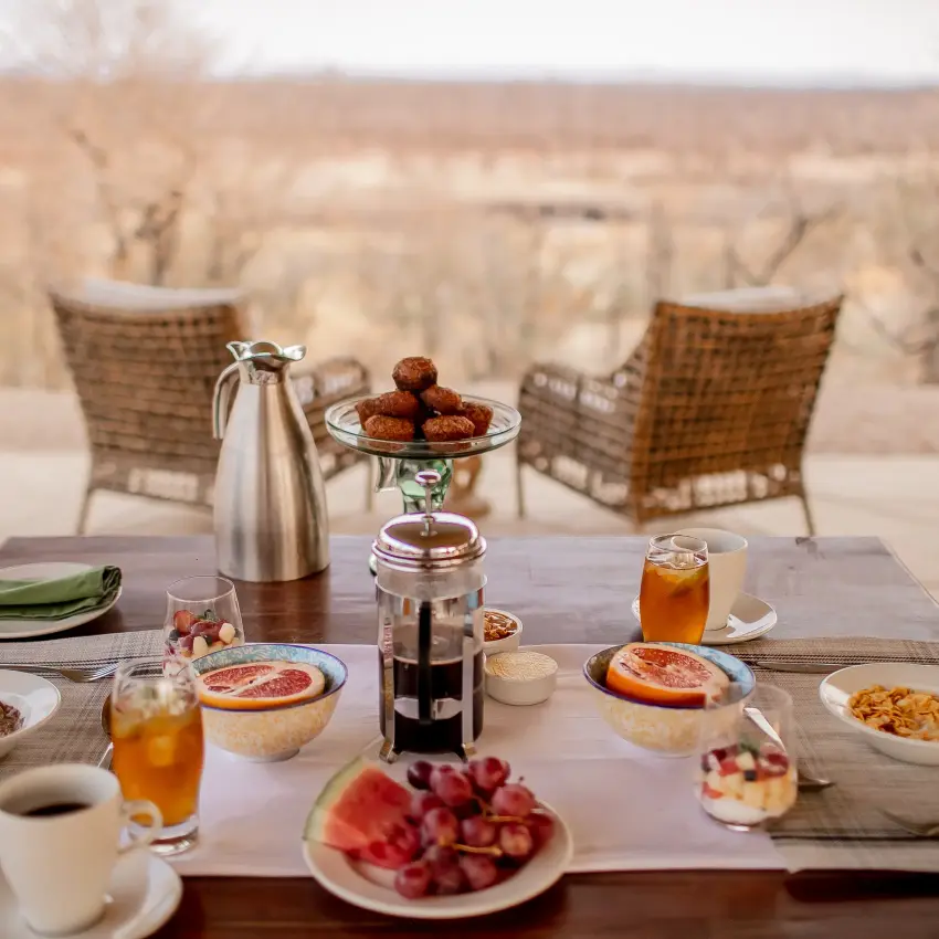 Outdoor breakfast table with savanna landscape view from lodge terrace, Camp Chitubu, Hwange National Park, Zimbabwe