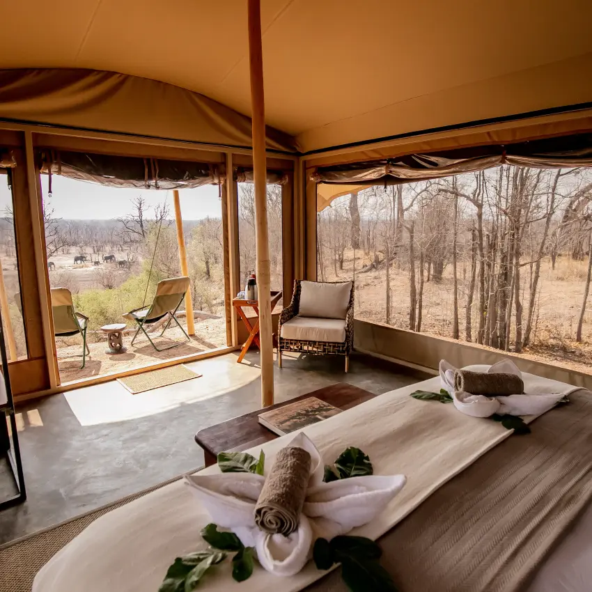 Luxury safari tent bedroom with panoramic views of woodland landscape, Camp Chitubu, Hwange National Park, Zimbabwe