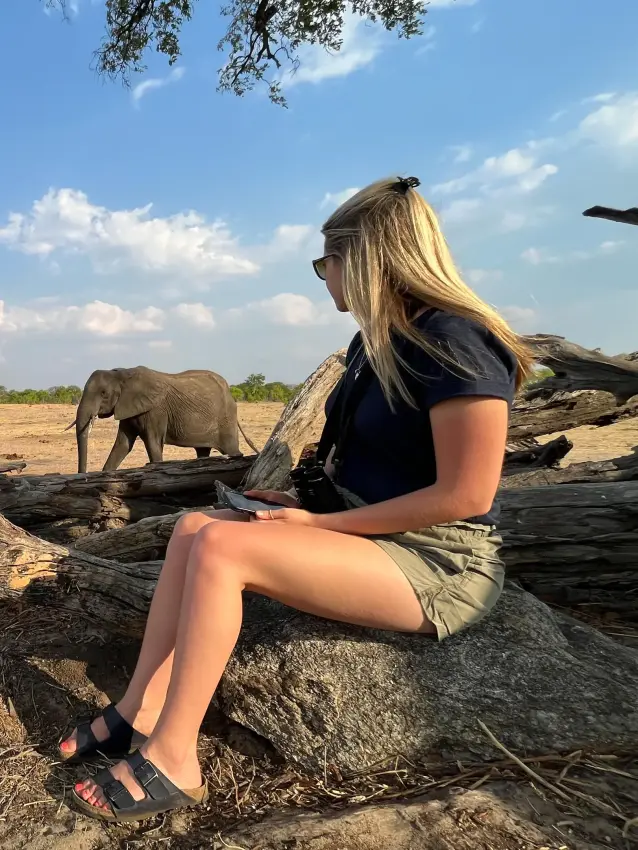Guest observing elephants from rocky riverbed vantage point, Camp Hwange, Hwange National Park, Zimbabwe